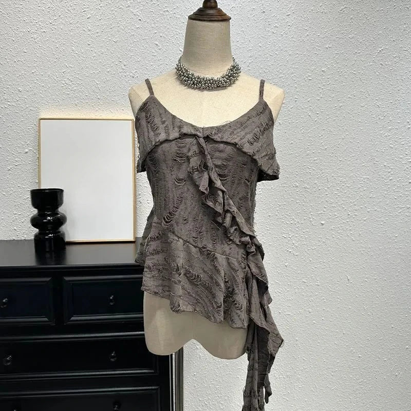 Dark Ruffle Rift Mesh Cami Top