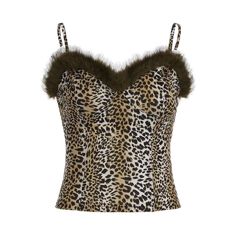Pounce Leopard Print Faux Fur Trim Cami
