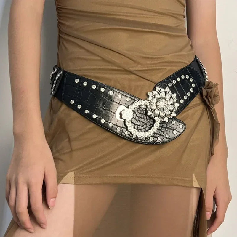 Crystal Orbit Wide Leather Belt