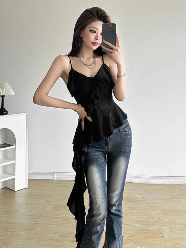 Dark Ruffle Rift Mesh Cami Top