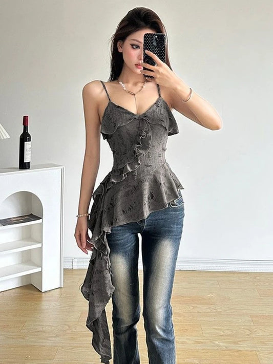 Dark Ruffle Rift Mesh Cami Top