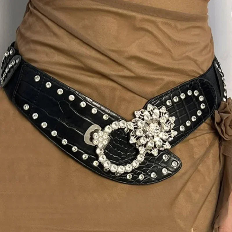 Crystal Orbit Wide Leather Belt