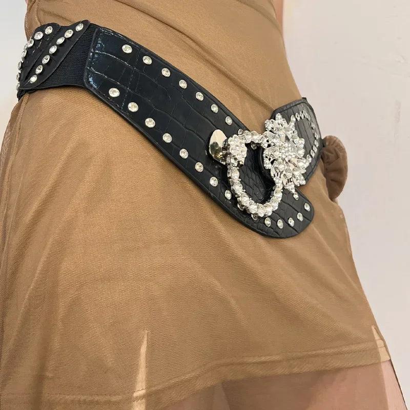 Crystal Orbit Wide Leather Belt