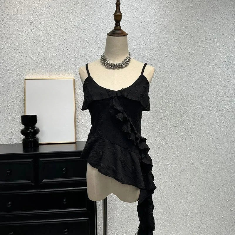 Dark Ruffle Rift Mesh Cami Top